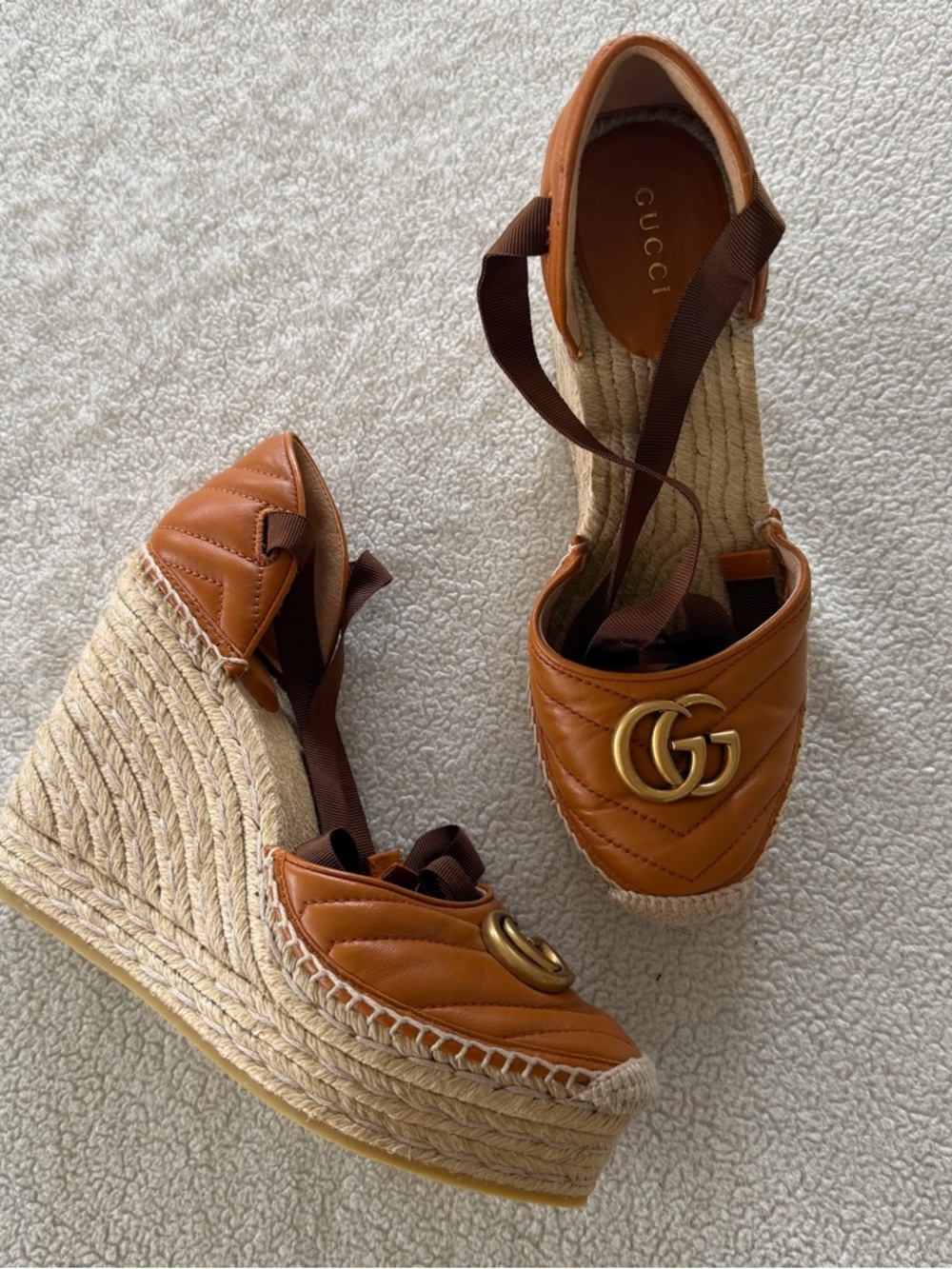 Gucci Cognac Leather GG Espadrille Wedge Sandals - Picture 2 of 7
